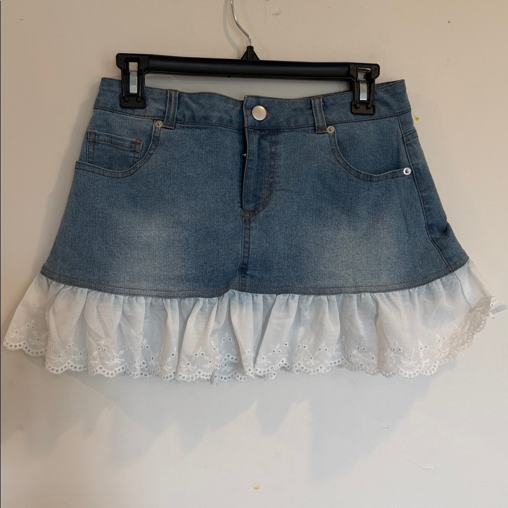 Kimchi Blue Denim Mini Skirt with White Lace Hem